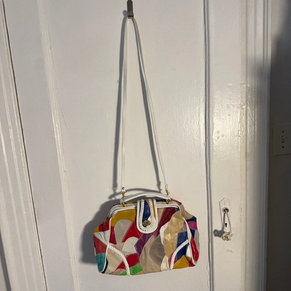 Vintage 80s Taurus Patchwork Leather Top Handle Bag Rainbow Satchel Maximalist